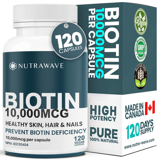 Nutrawave Extra Strength Biotin 10000mcg – Biotin for Hair Growth, Lush Hair, Glowing Skin & Strong Nails, Ideal for Women & Men, Non-GMO, Vegan, Gluten-Free. 120 Capsules 🍁 All In One Marketplace Canada