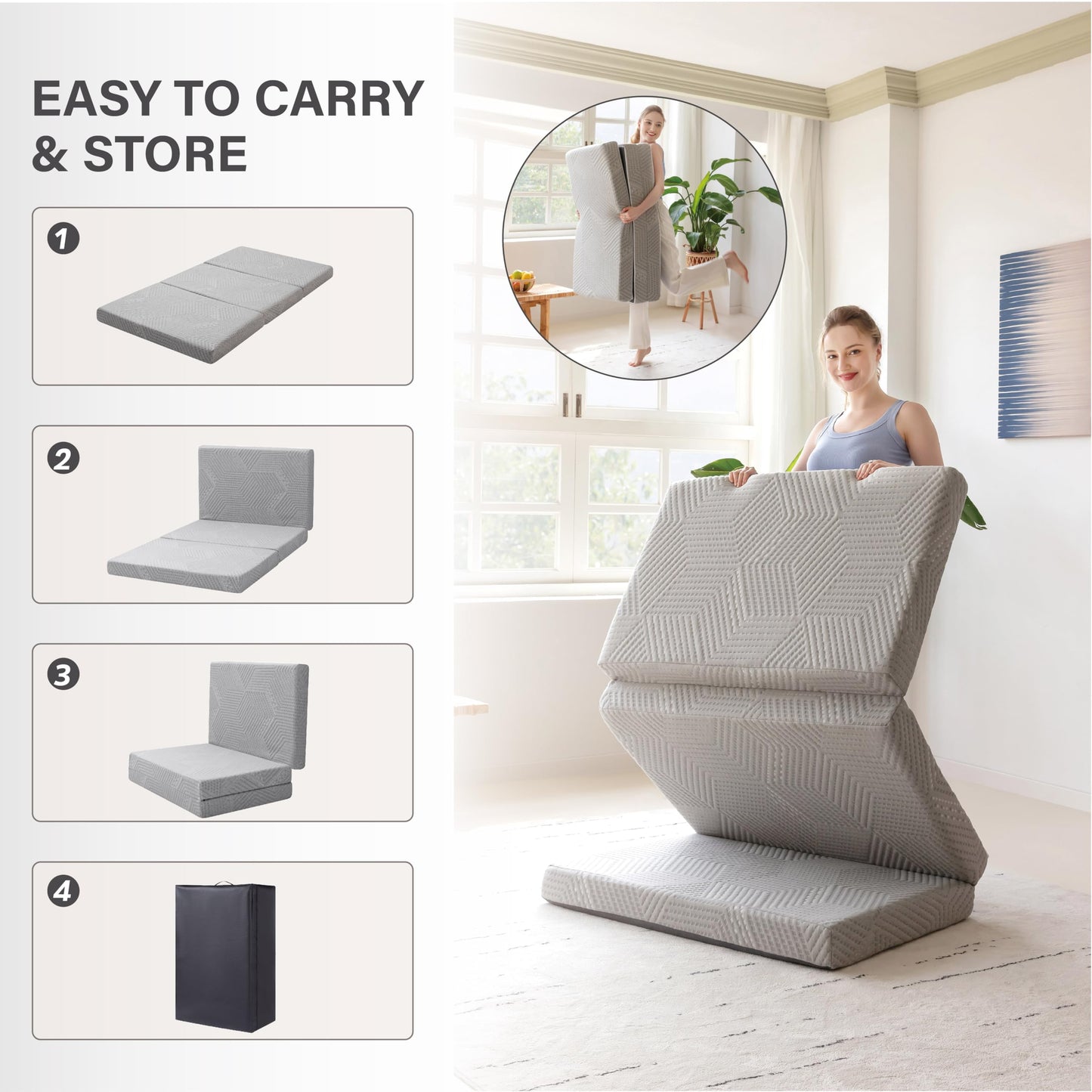 Tri-Fold Memory Foam Mattress, 4 inch Single Folding Mattress with Collapsible and Washable Cover, Travel and Guest Mat, 75"×25"×4", Grey 🍁 All In One Marketplace Canada