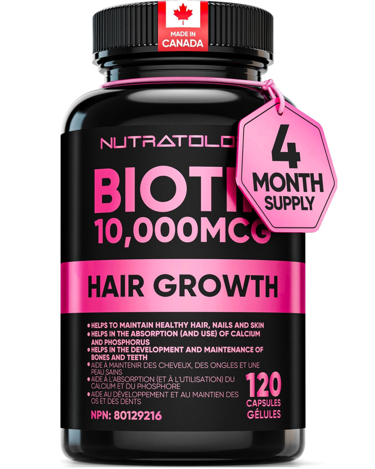 Biotin 10000MCG Hair Vitamins For Hair Growth Women | Canadian-Made | Promotes Healthy Skin & Nail Growth - Supports Muscle Function - Biotin Supplement - Hair Growth Products for Women - 120 capsules 🍁 All In One Marketplace Canada