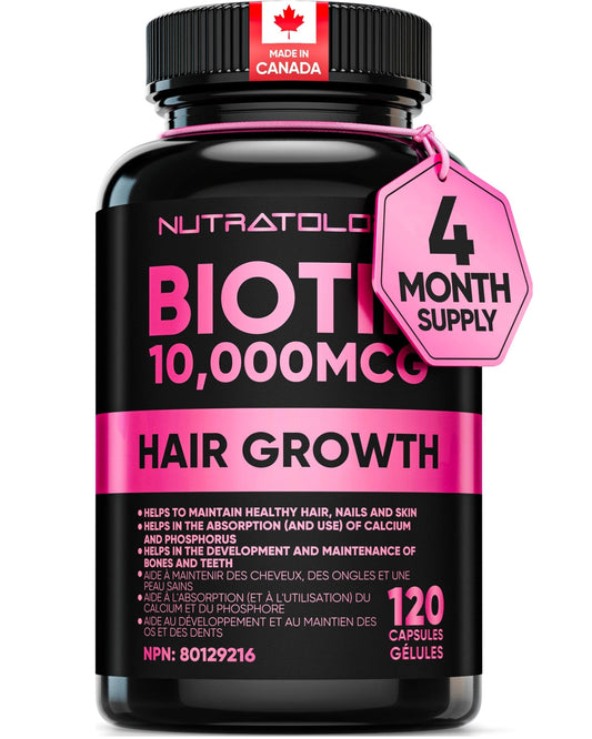Biotin 10000MCG Hair Vitamins For Hair Growth Women | Canadian-Made | Promotes Healthy Skin & Nail Growth - Supports Muscle Function - Biotin Supplement - Hair Growth Products for Women - 120 capsules 🍁 All In One Marketplace Canada