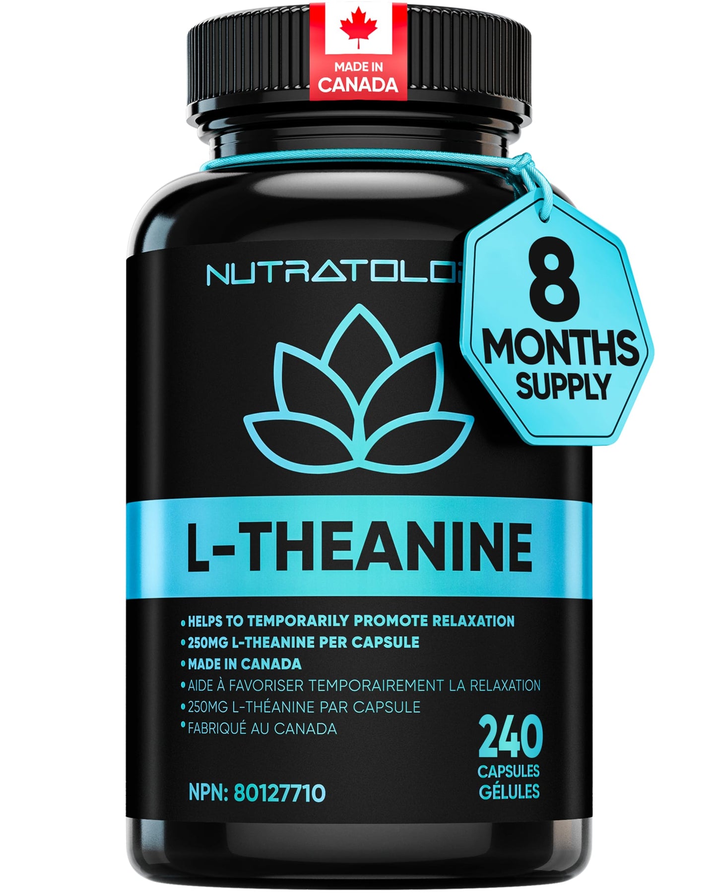 Nutratology® L-Theanine 250MG Capsules | Canadian-Made | For Stress Management | Promotes Relaxation & Calmness Without Drowsiness - L-Theanine Supplement for Stress Relief | 240 Capsules 🍁 All In One Marketplace Canada