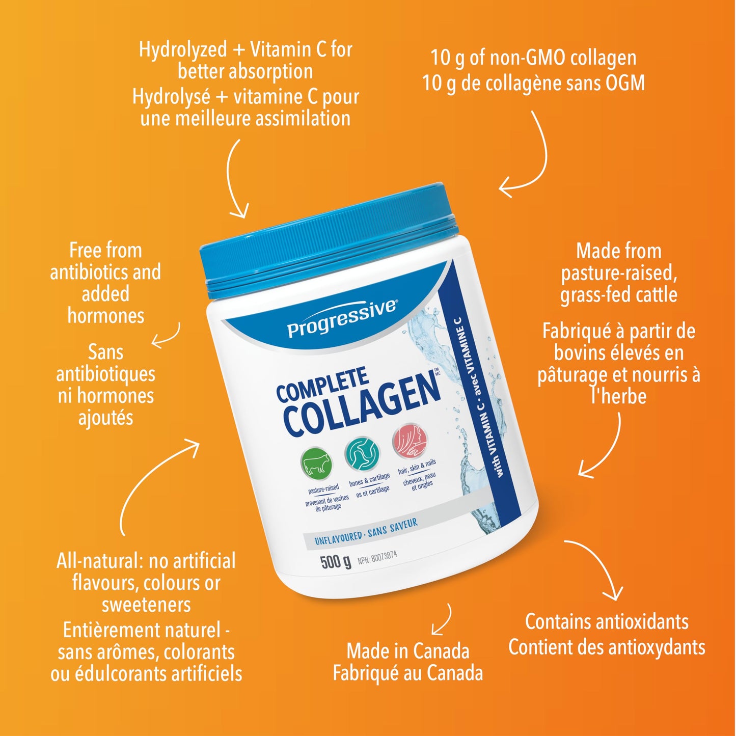 Progressive Complete Collagen Unflavoured, Canadian-Made, for Healthier Hair, Skin, Nails and Joints. Grass-Fed Non-GMO with Antioxidants, Hydrolyzed with Vitamin C for Best Absorption, 500 g 🍁 All In One Marketplace Canada