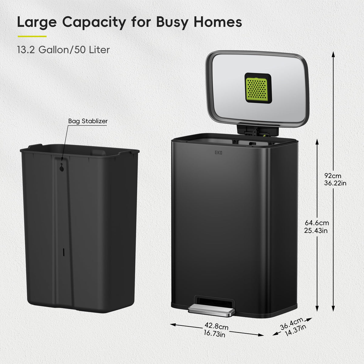EKO Madison Matte Black 50 Liter/13.2 Gallon Step Trash Can with Inner Liner - Fingerprint Resistant Finish 🍁 All In One Marketplace Canada