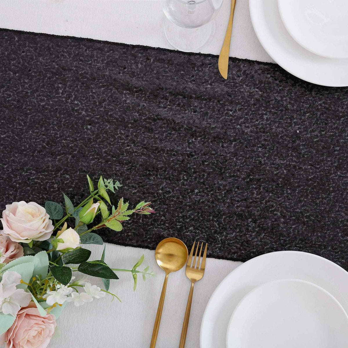 B-COOL Black Sequin Table Runner 4 Pack 12x72Inch Glitter Halloween Decoration Sparkly Black Table Fabric for Graduation Holiday Birthday Outdoor Dining Party Decoration