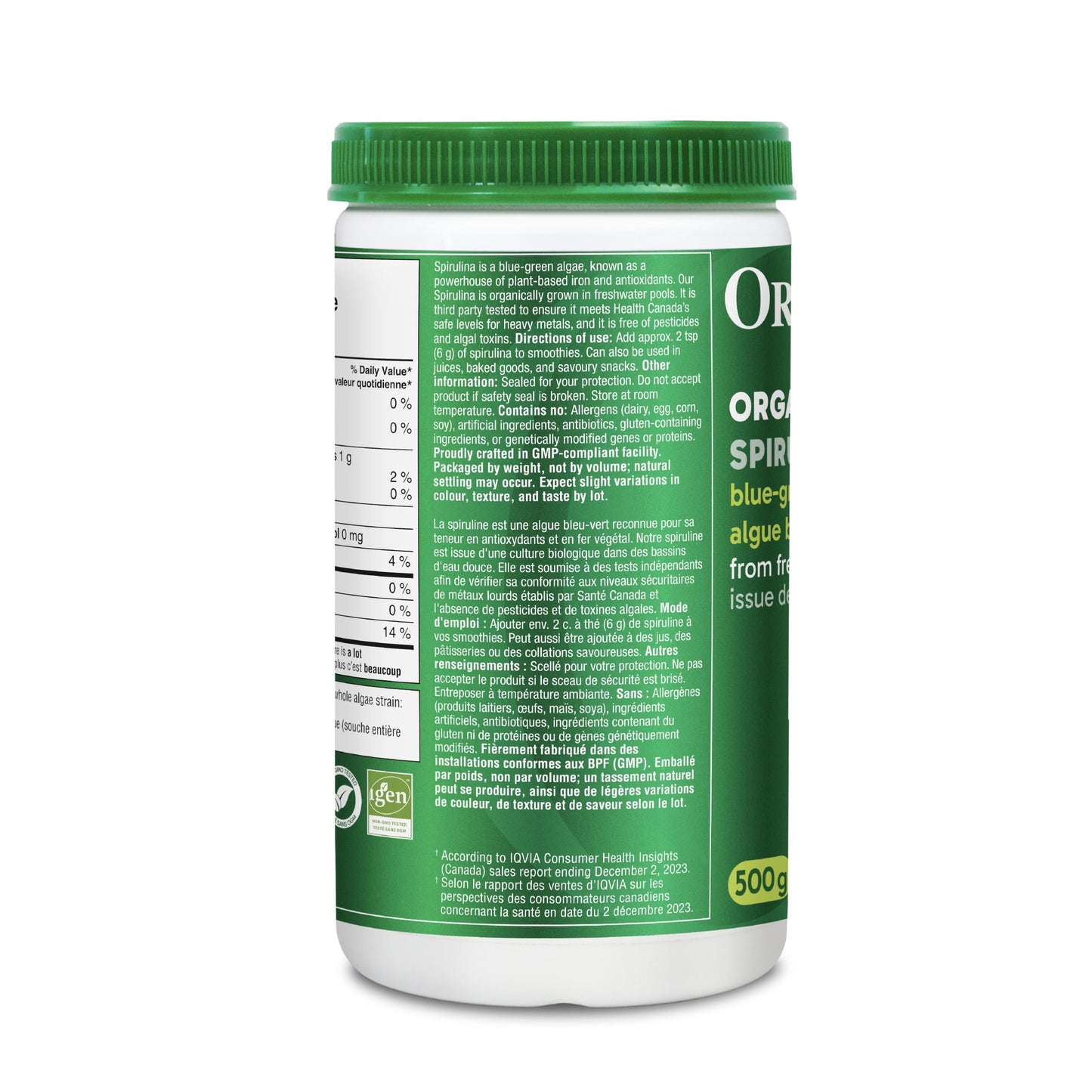 Organika Canadian-Made Certified Organic Spirulina Powder- Superfood, 3rd Party Tested, Pristine Sourcing, Vegan- 500g 🍁 All In One Marketplace Canada