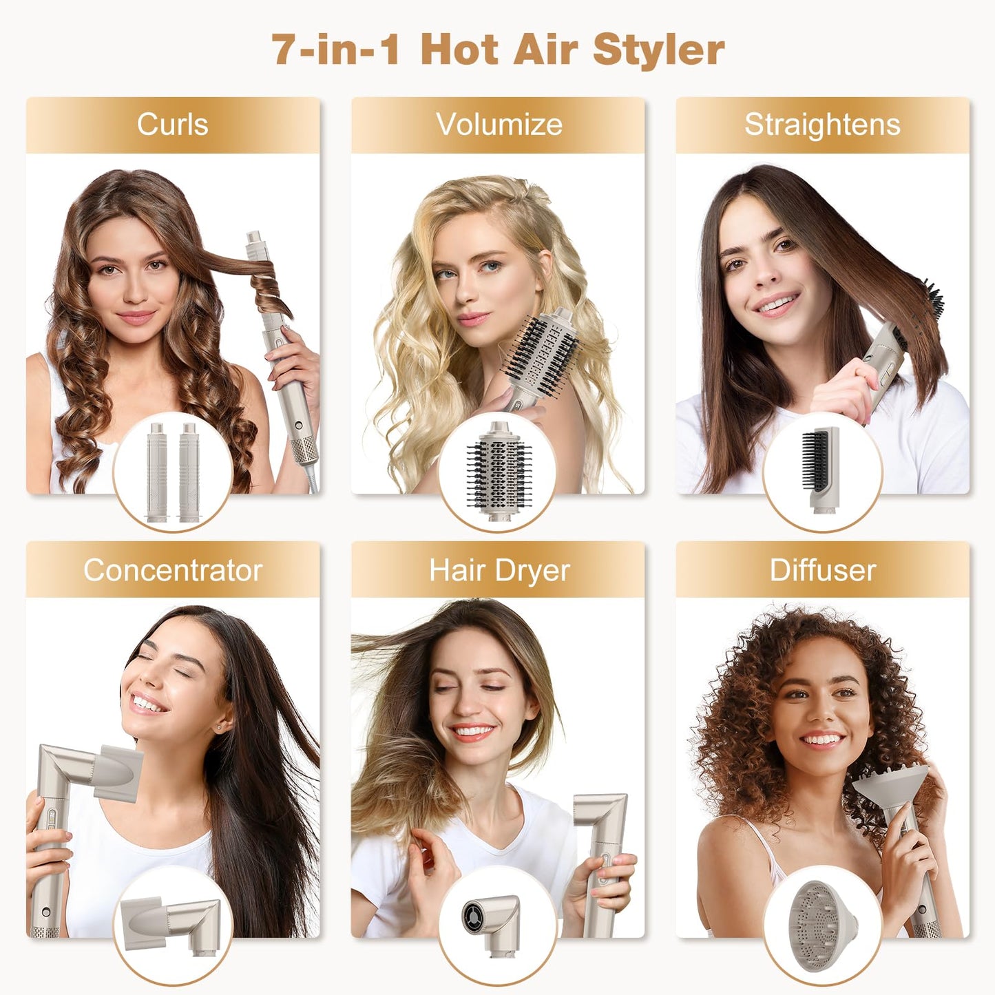 7MAGIC 7 in 1 Hair Styler & Hair Dryer Brush,110,000 RPM High-Speed Negative Ionic Hot Air Styler, 1400W Powerful Blow Dryer Brush & Multi-Style for Straight,Wavy, Curly, and Coily Hair,Champagne Gold 🍁 All In One Marketplace Canada