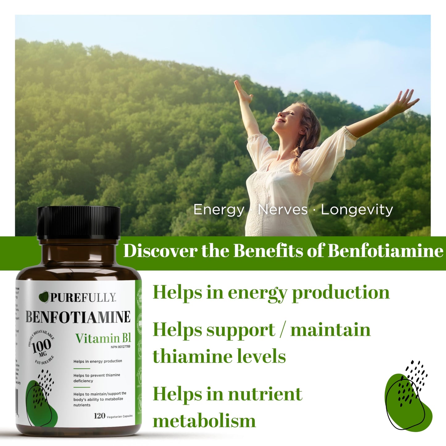 PUREFULLY Benfotiamine Vitamin B1/Thiamine 100mg, 120 Capsules - High Absorption Energy Support - Gluten Free, Non-GMO, Made in Canada 🍁 All In One Marketplace Canada