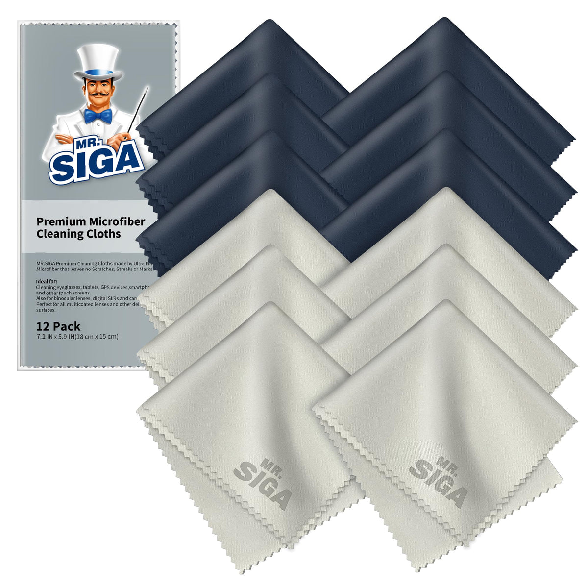MR.SIGA Premium Microfiber Cleaning Cloths for Lens, Eyeglasses, Screens, Tablets, Glasses, 12 Pack, 6 x 7 inches (15 x 18 cm), Navy/Gray 🍁 All In One Marketplace Canada