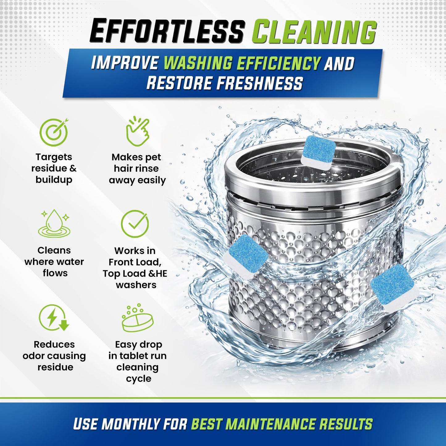 True Fresh Washing Machine Cleaner Tablets 25-Pack - Deep Cleaning Washer cleaner Tablets for Top loader, front Load & HE - Cleans Drum, Tub seal & other Parts Descaler & septic safe 🍁 All In One Marketplace Canada