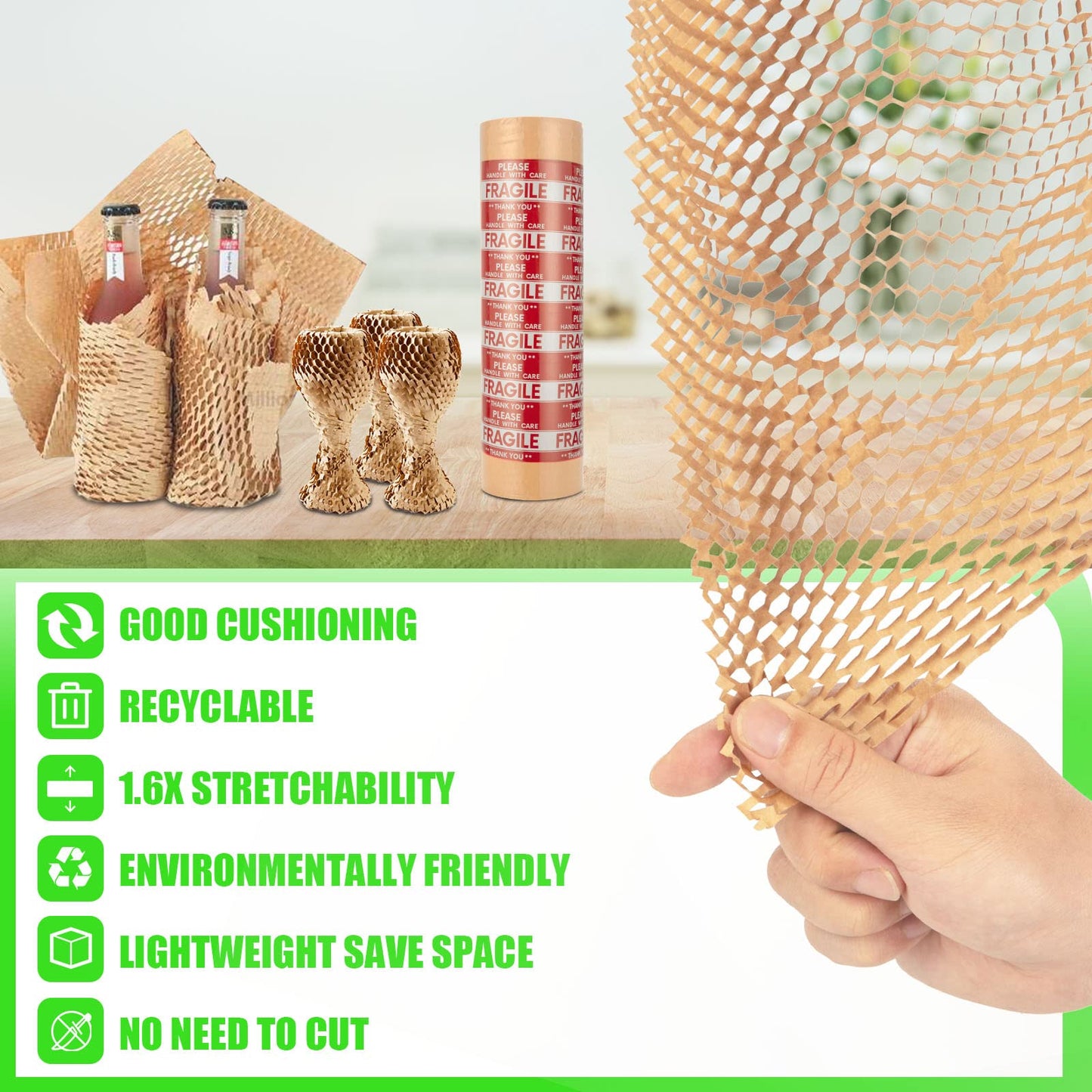 Honeycomb Packing Paper, MINHAO 15"x230' Eco Friendly Packing Paper for Moving Recyclable Honeycomb Paper Moving Supplies Bubble Wrapping Protective Roll, With 36 Fragile Sticker Labels 🍁 All In One Marketplace Canada