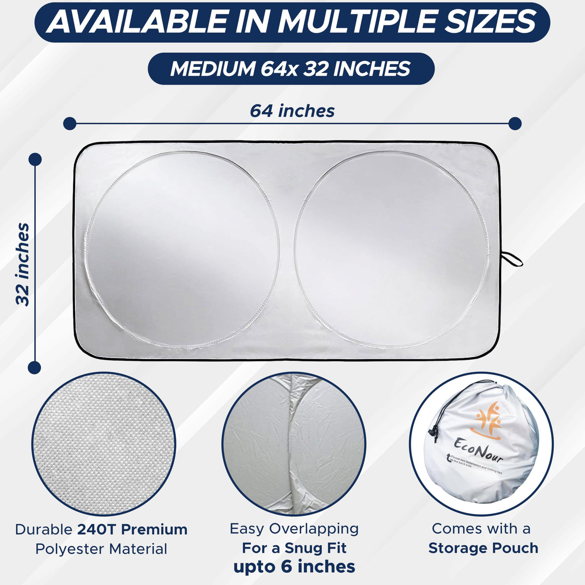 EcoNour Car Windshield Sun Shade with Storage Pouch | Front Window Sun Protector for UV Rays & Sun Heat | Car Interior Accessories Fits Small Sedans, Mini SUVs and Hatchbacks | Standard (64x32 inches) 🍁 All In One Marketplace Canada