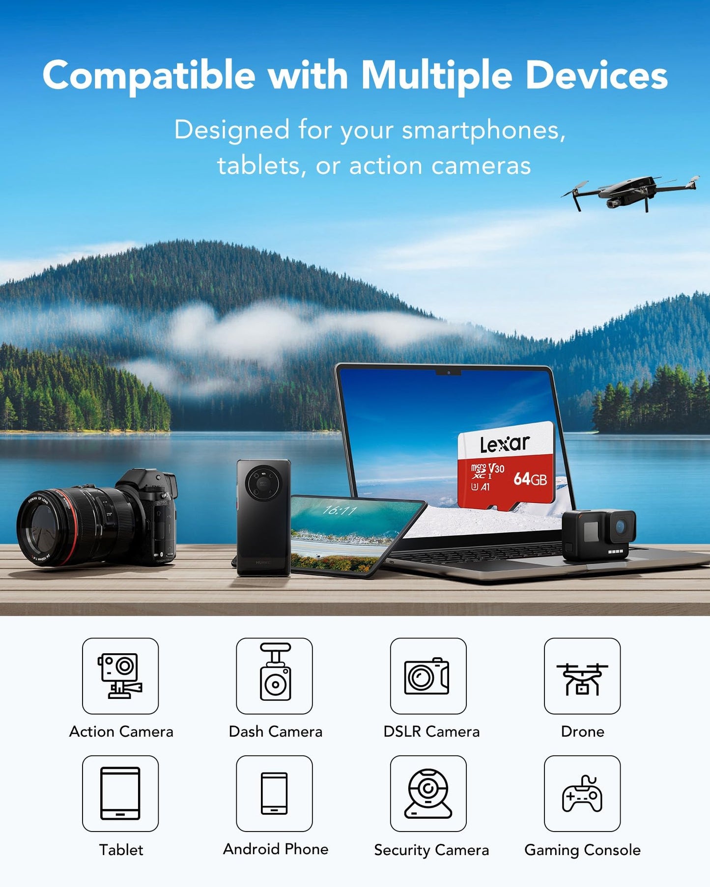 Lexar E-Series 64GB Micro SD Card 2 Pack, microSDXC UHS-I Flash Memory Card with Adapter, 100MB/s, C10, U3, A1, V30, Full HD, 4K UHD, High Speed TF Card 🍁 All In One Marketplace Canada