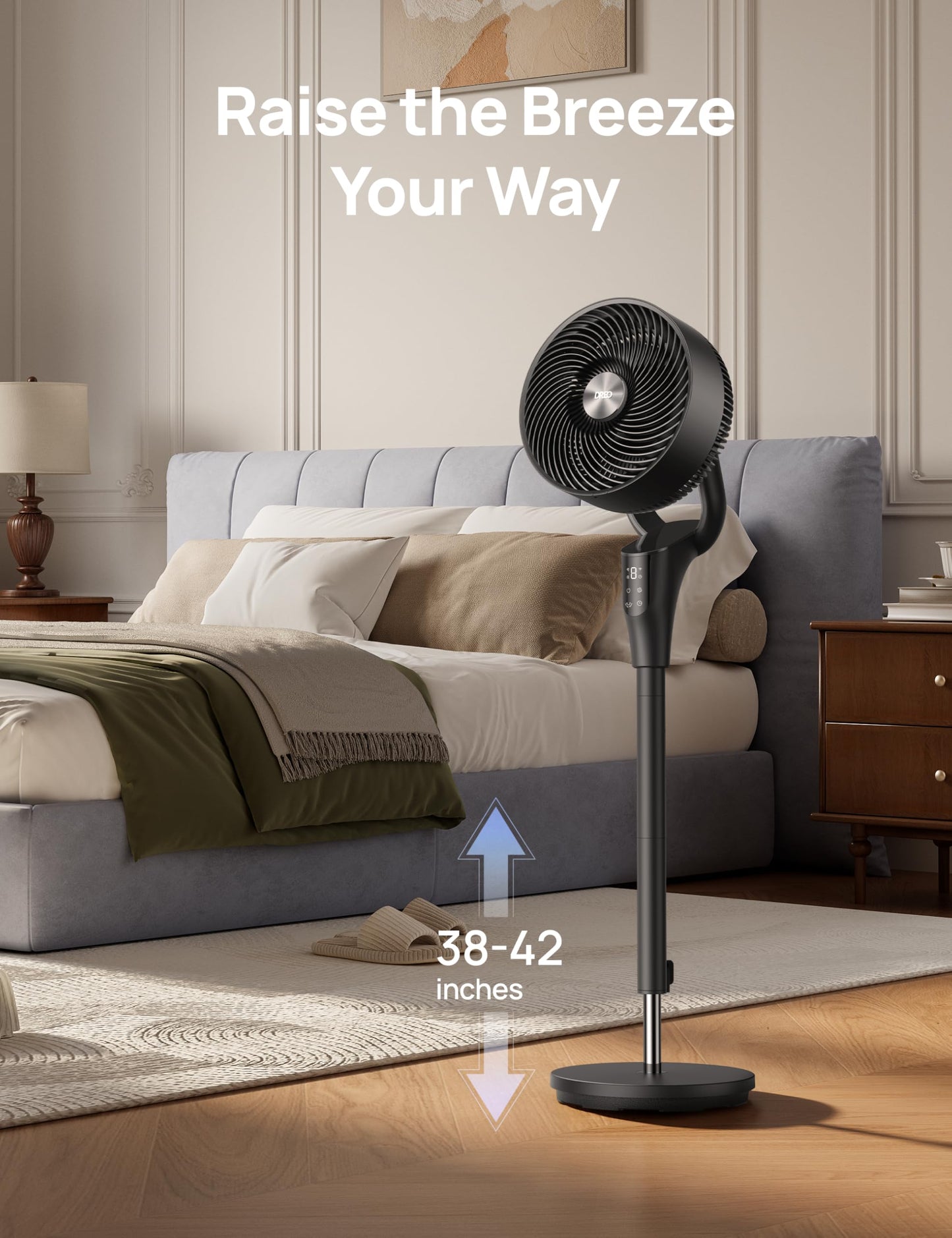 DREO Fan for Bedroom, 90° Oscillating Standing Fan, 20dB Quiet, 90ft Pedestal Fans for Room Office, DC Motor, 8+H Speeds, 3 Modes, 38-42'' Adjustable Height, Remote, 8H Timer, 105° Manual Vertical 🍁 All In One Marketplace Canada