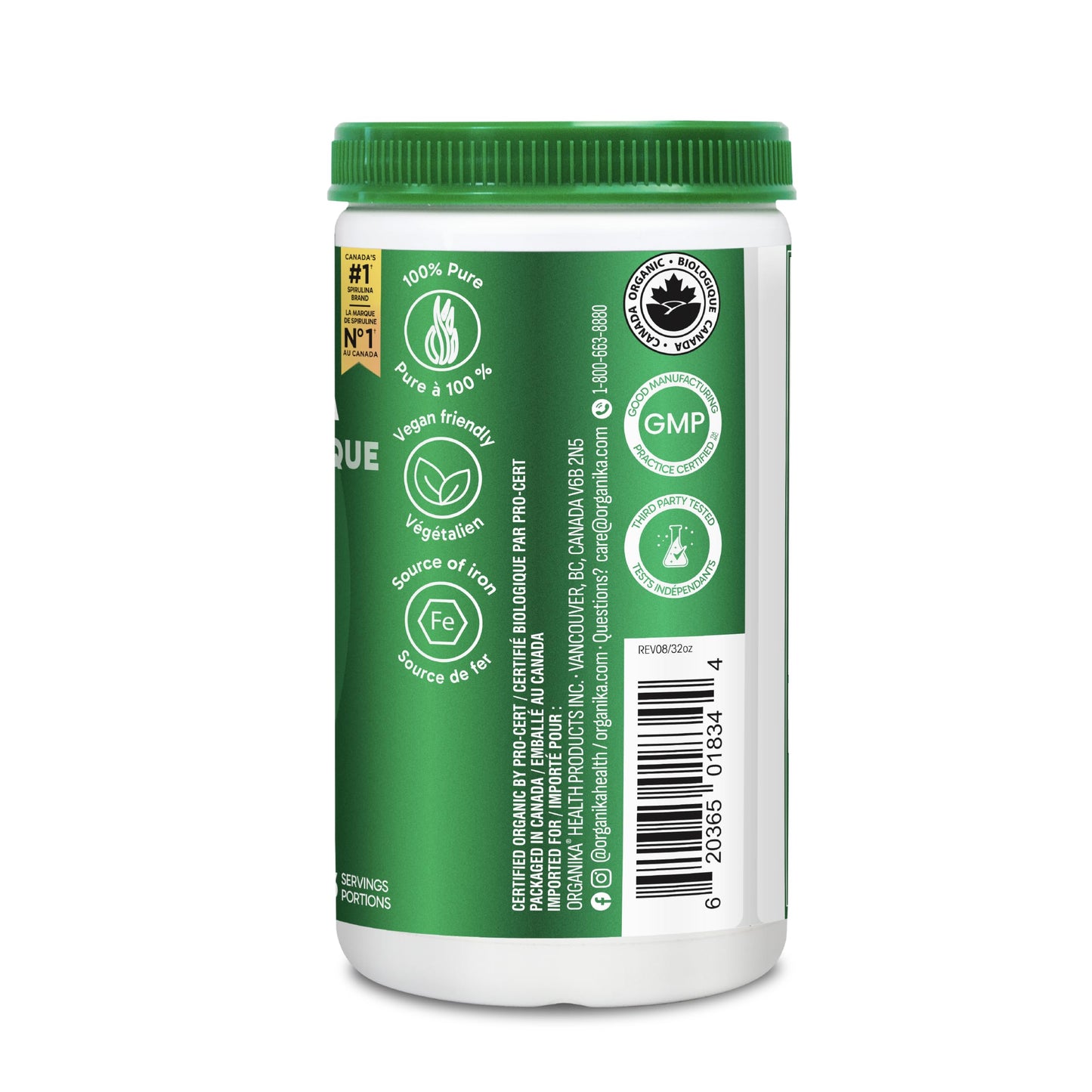 Organika Canadian-Made Certified Organic Spirulina Powder- Superfood, 3rd Party Tested, Pristine Sourcing, Vegan- 500g 🍁 All In One Marketplace Canada