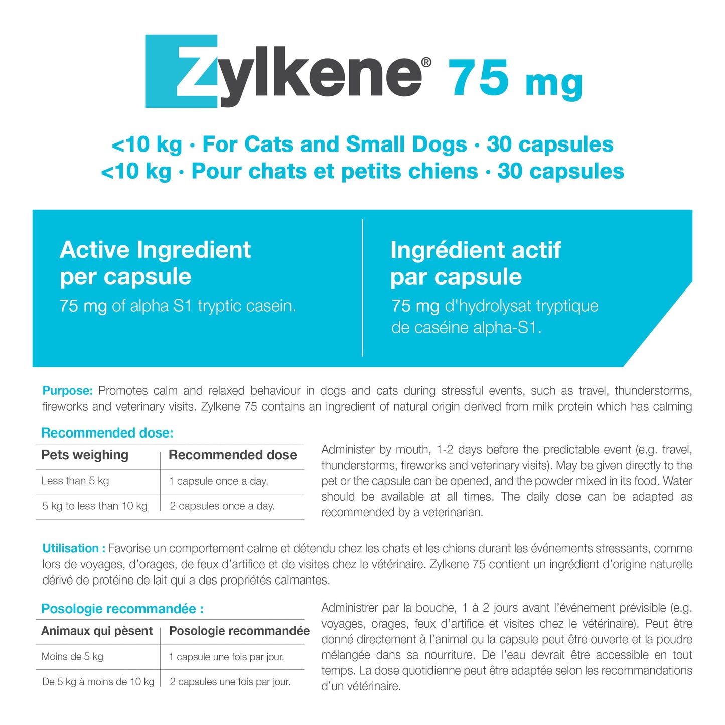 Vetoquinol Zylkene – Veterinary Health Product - Calm and Relaxed Behaviour in Pets During Stressful Events - 75 mg - Cats and Small Dogs - 30 Caps 🍁 All In One Marketplace Canada