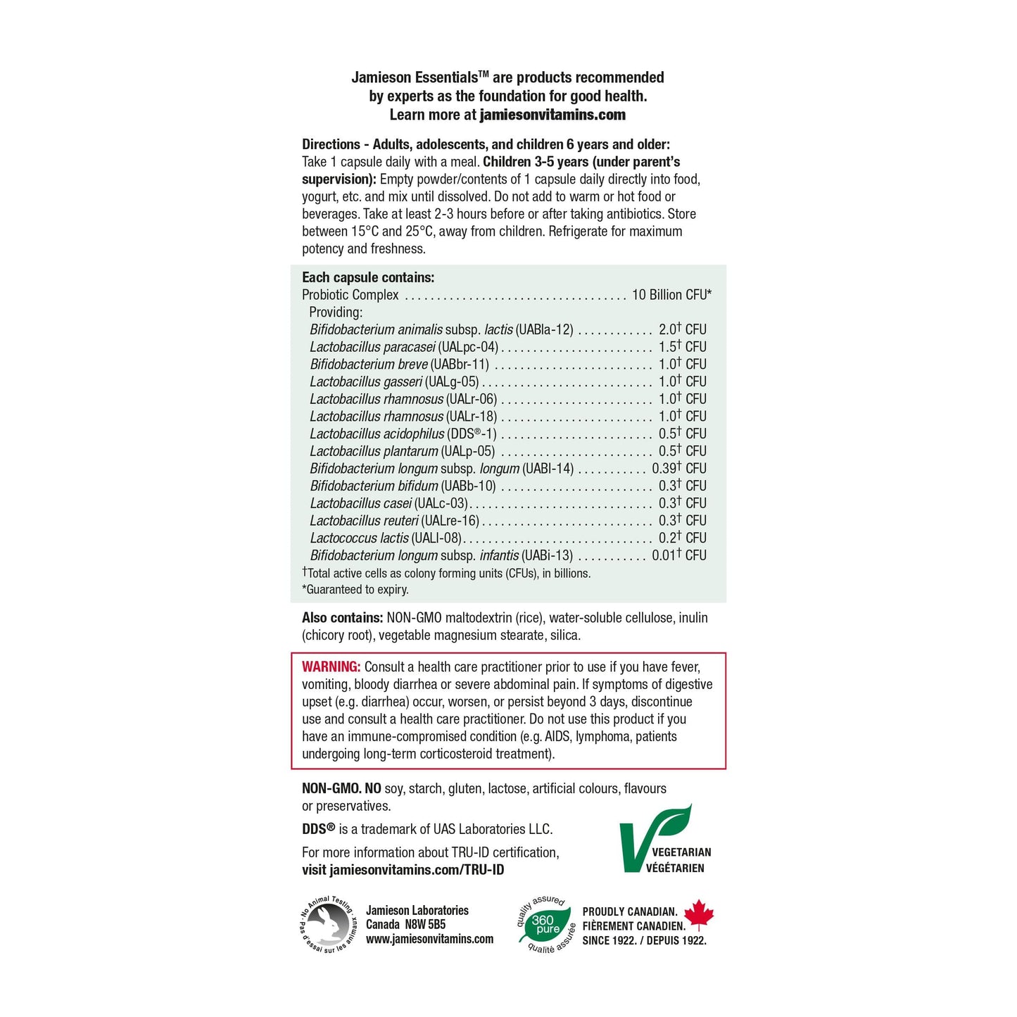 Jamieson Probiotic 10 Billion CFU, 60 Veggie Capsules, Daily Maintenance, Intestinal & Digestive Health. 14 Unique Strains to Improve Microbial Diversity, Bifidobacterium and Lactobacillus, Non-GMO 🍁 All In One Marketplace Canada