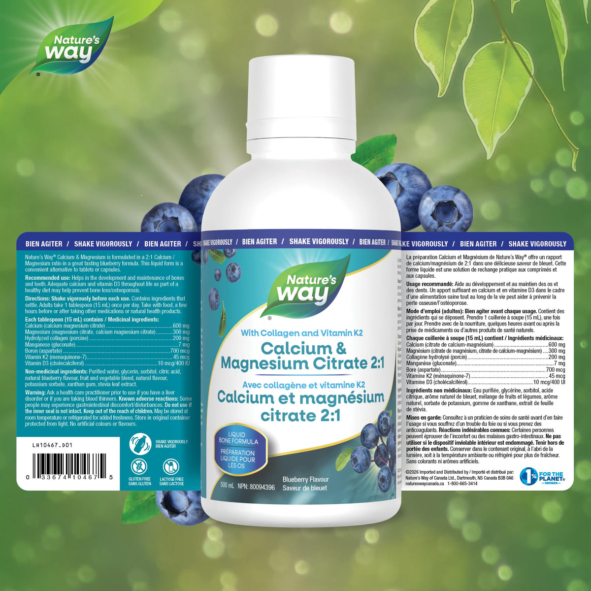 Nature's Way Calcium and Magnesium Citrate 2:1 - Liquid Supplement with Vitamin K2 and Collagen – Helps Support the Maintenance of Bones and Teeth – Blueberry Flavour, 500 mL 🍁 All In One Marketplace Canada