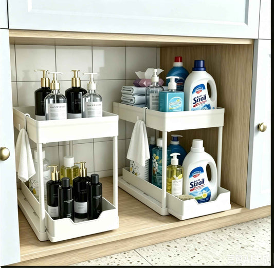 DEKAVA Under Sink Organizer 2 Pack, Bathroom Organizes, 2 Tier Sliding Cabinet Basket Organizer Drawer, Multi-Purpose Bath Collection Baskets for Bathroom (White) 🍁 All In One Marketplace Canada