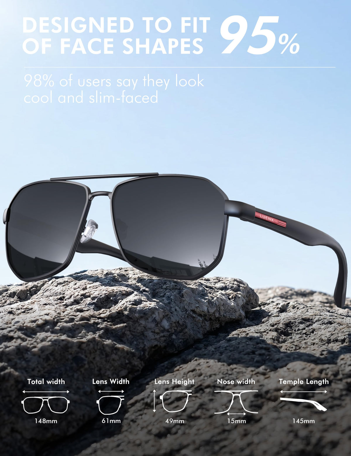 LUENX Aviator Sunglasses for Men Square Polarized Polygon Black Lens Matte Black Frame - UV 400 Protection with Accessories Driving 🍁 All In One Marketplace Canada