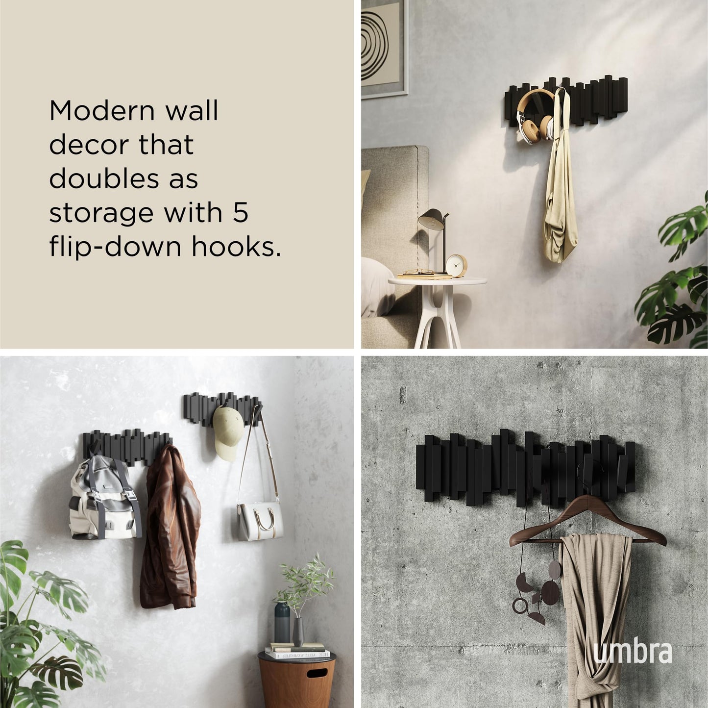 Umbra Sticks Wall-Mounted Coat Rack Rail Hook with 5 Retractable Pegs – Modern, Space-Saving Storage Organizer, Black 🍁 All In One Marketplace Canada