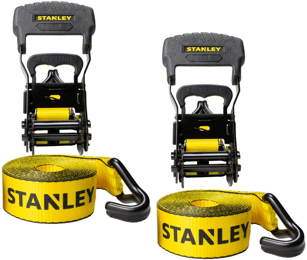 Stanley S1007 Black/Yellow 1.5" x 16' Ratchet Tie Down Straps - Heavy Cargo Securing (3,300 lbs Break Strength), 2 Pack 🍁 All In One Marketplace Canada