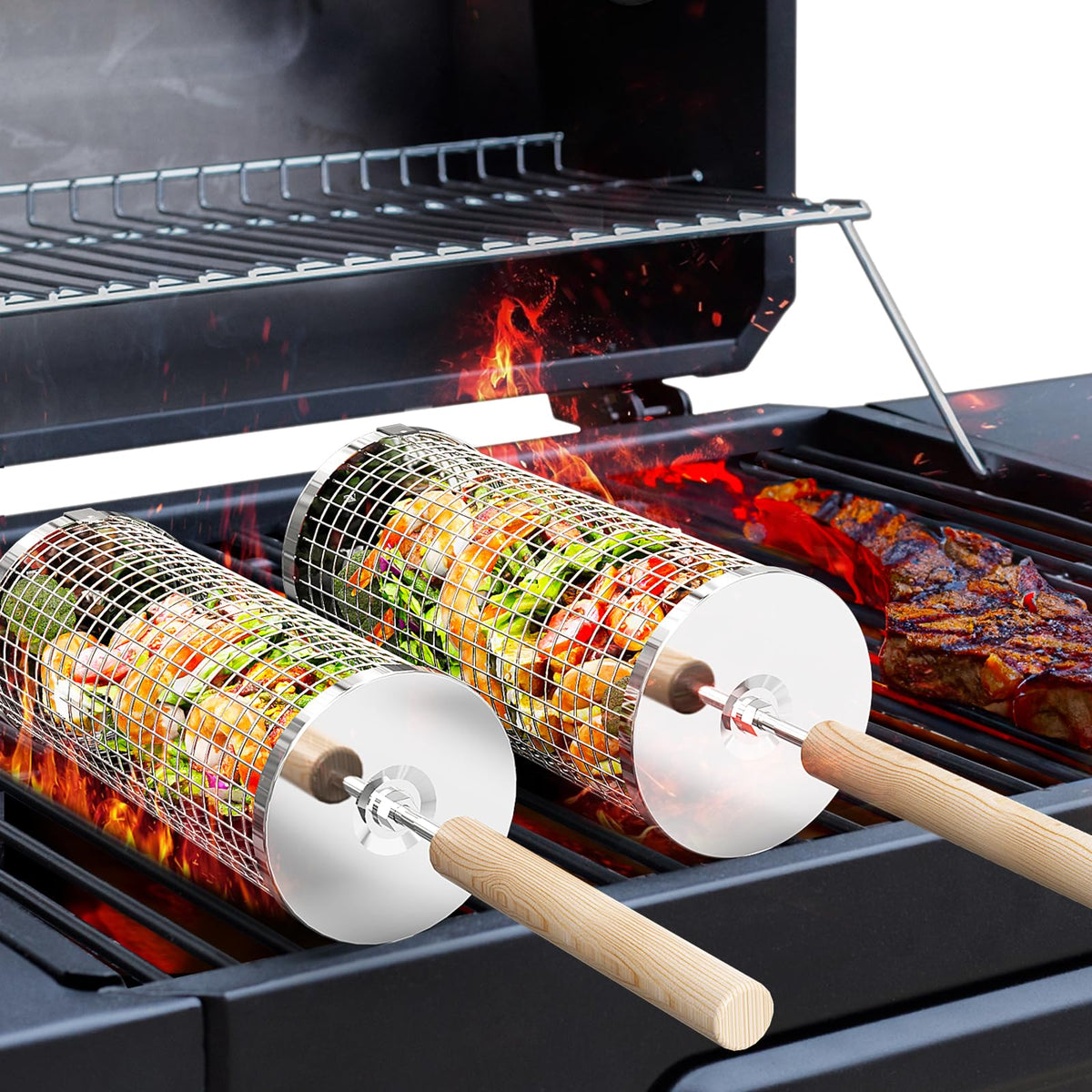 ivtivfu Rolling Grill Basket, Removable Wooden Handle, 304 Stainless Steel, Nesting Grilling Tools, Smoker BBQ Accessories for Vegetable, Outdoor Cooking Camping, Birthday Gifts for Men Dad Husband 🍁 All In One Marketplace Canada