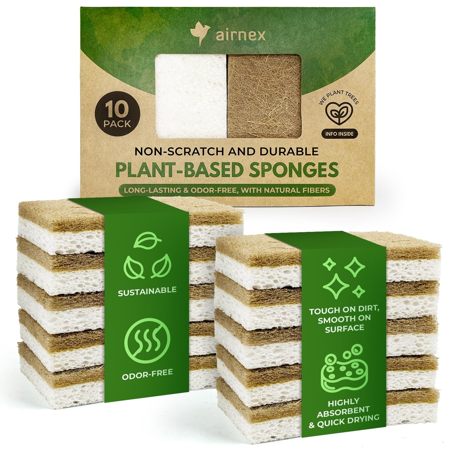 AIRNEX 10 Pack Biodegradable Natural Kitchen Sponges - Eco Friendly Cellulose and Coconut Dish Scrubbers - Odourless, Non Scratch, Dual Sided Multipurpose Sponges 🍁 All In One Marketplace Canada