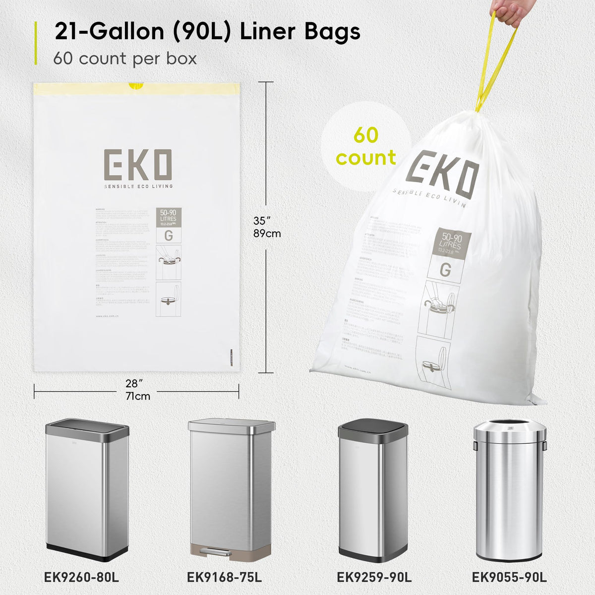 EKO Extra Strong 21 Gallon Large Trash Bags, Heavy-Duty Drawstring Kitchen & Household Garbage Bags (80L), Leak-Resistant, Fresh Floral Scent, Continuous Odor Control, 60 Count, Code G 🍁 All In One Marketplace Canada