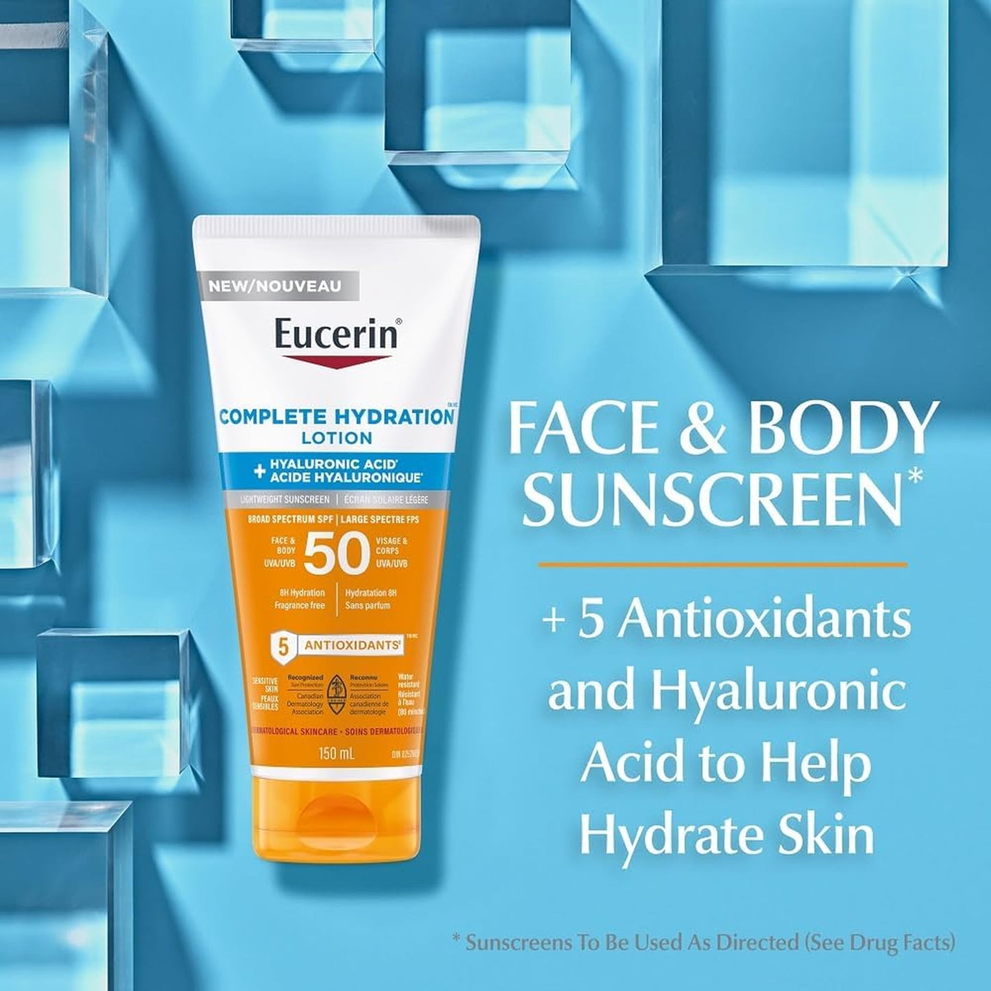 Eucerin Sun Complete Hydration Sunscreen, Daily Face Sunscreen SPF 50 with Hyaluronic Acid and Antioxidants, Hypoallergenic Body SPF 50 Lotion with UVA-UVB Sun Protection, Fragrance Free & Water-Resistant, Suitable for Sensitive Skin, 150 ml Tube