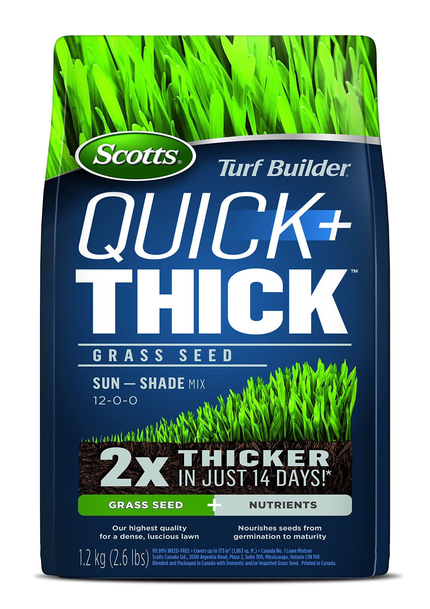 Scotts Turf Builder Quick & Thick Grass Seed, 1.2kg (173 sq Meters / 1,863 sq feet Coverage) | Grow a Thick, Green Lawn Fast. for Areas that Experience Sun & Shade 🍁 All In One Marketplace Canada