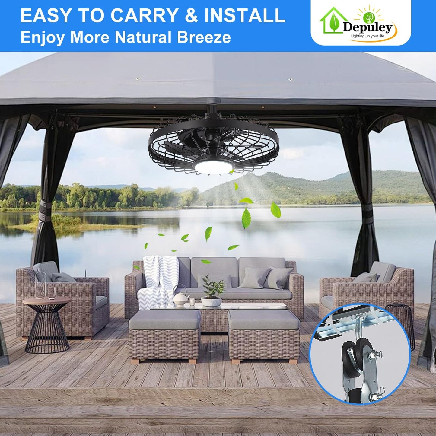 Depuley Outdoor Ceiling Fan with Light: 20 Inch Waterproof Gazebo Fans with Lights Outdoor Hanging - Plug in Remote App Control Caged Fans for Patios Pergola Porch Canopy - 6 Speed Black 🍁 All In One Marketplace Canada