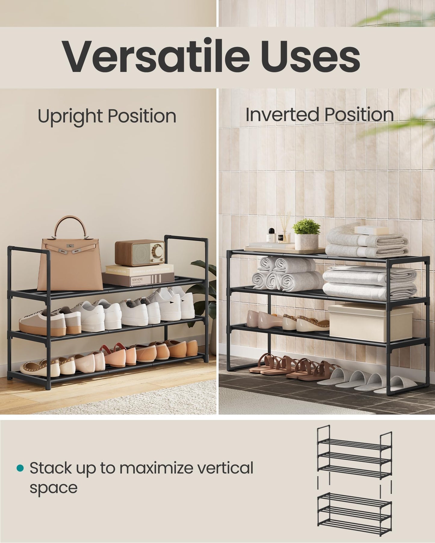 SONGMICS Shoe Rack, 3-Tier Shoe Organizer, Sturdy Storage Shelf, Upright or Upside Down, for 16-20 Pairs, Stackable, for Entryway, 30 x 92 x 55 cm, Black ULSA303B02 🍁 All In One Marketplace Canada