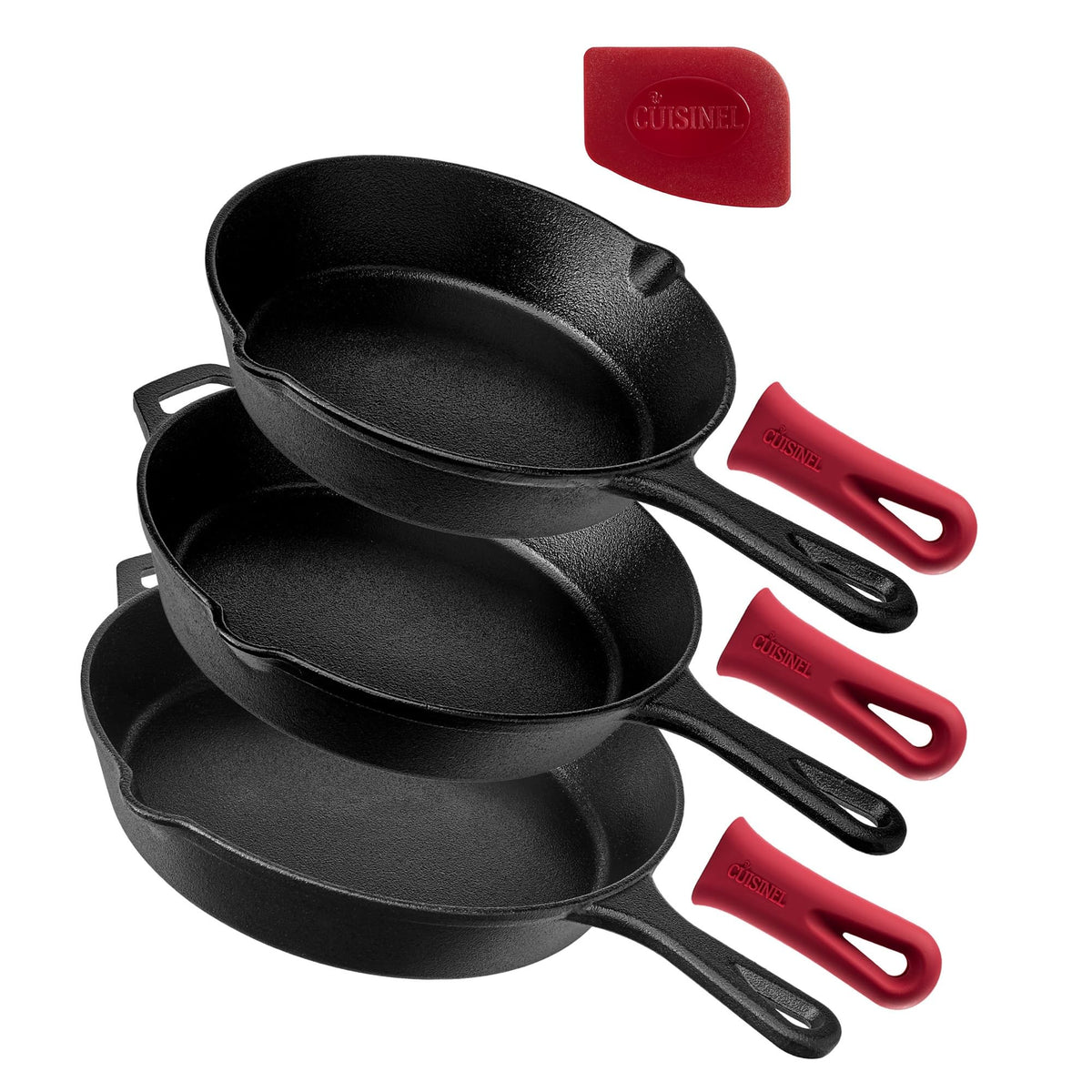 Cast Iron Skillet Set - 8" + 10" + 12"-Inch Pre-Seasoned Frying Pans + Silicone Handle Grip Covers - Indoor/Outdoor, Oven, Grill, Stovetop, BBQ, Fire and Induction Safe Kitchen and Camping Cookware 🍁 All In One Marketplace Canada
