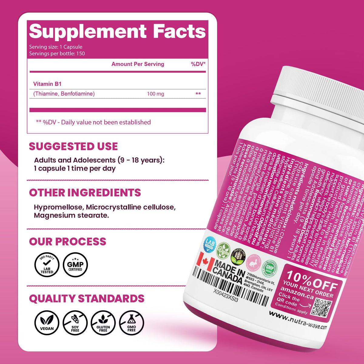 Nutrawave PURE *BONUS SIZE* 150 capsules HIGHEST POTENCY Benfotiamine Complex – 100mg, Thiamine B1 Supplement, Increased Energy, Nerve Support, All-Natural, Vegan, Gluten Free. 5-month supply 🍁 All In One Marketplace Canada