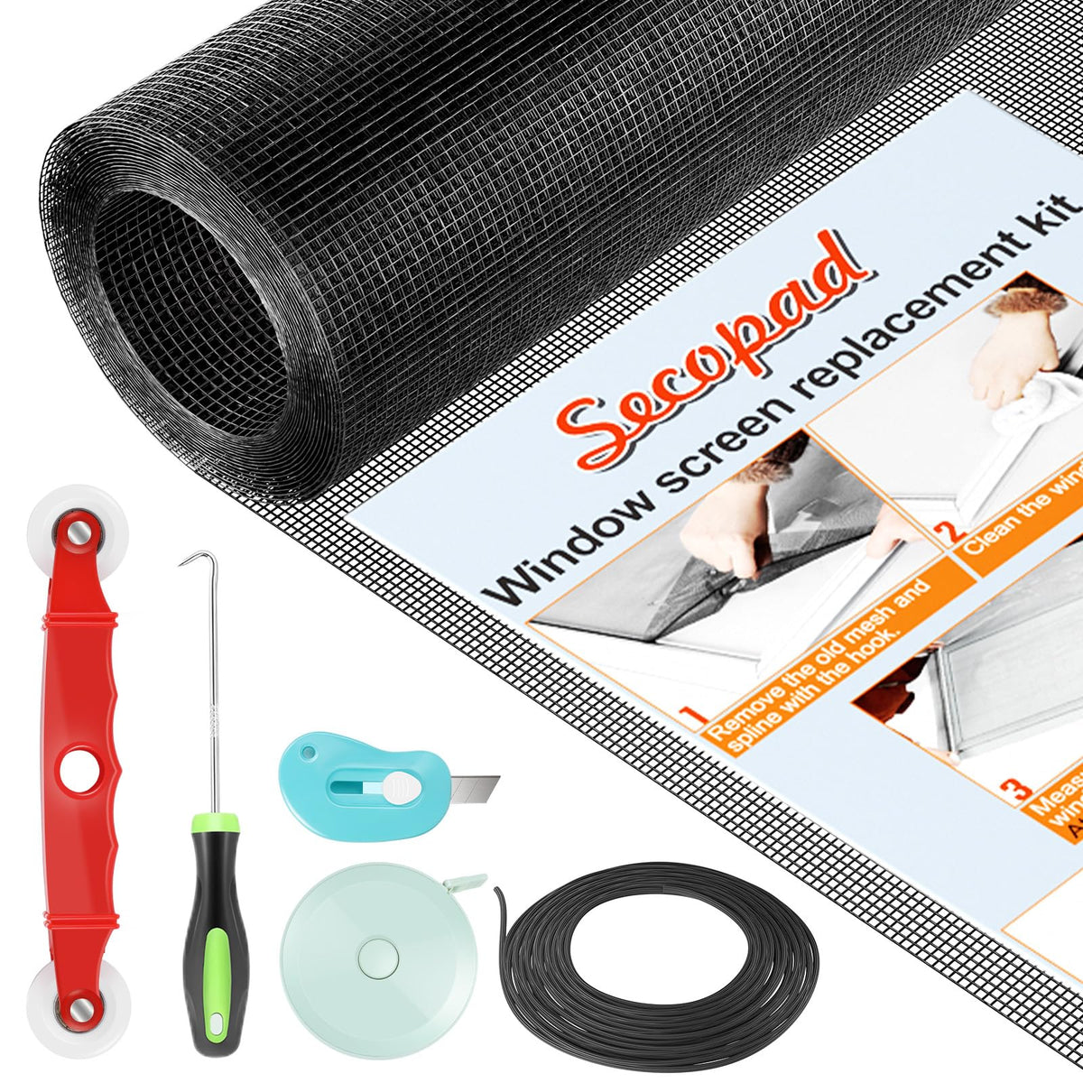 Secopad Window Screens Replacement Repair Kit, 39" x 78" Screen Door Mesh Replacement Kit, Durable Fiberglass Mesh Screen Roll with Tools for Windows Doors Patio and Porch Screens, Black 🍁 All In One Marketplace Canada