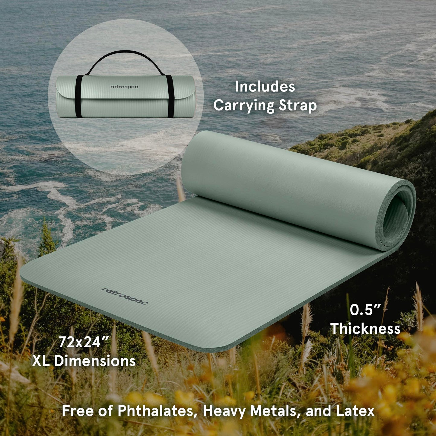 Retrospec Solana Yoga Mat 1/2 inch Thick w/Nylon Strap for Men & Women - Non Slip Excercise Mat for Yoga, Pilates, Stretching, Floor & Fitness Workouts, Sage 🍁 All In One Marketplace Canada