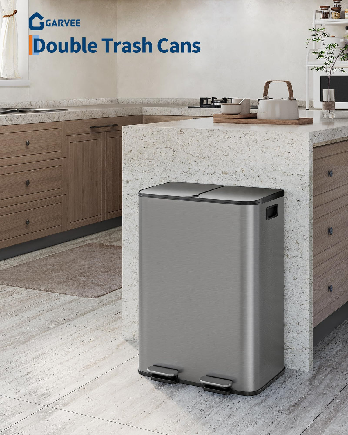 GarveeHome 2 x 8 Gallon Stainless Steel Double Trash Can with Lid for Kitchen, Large Dual Trash and Recycle Bin Combo, Step-on Kitchen Metal Garbage Cans, PP Inner Buckets, Liner Rim, Matte Grey 🍁 All In One Marketplace Canada