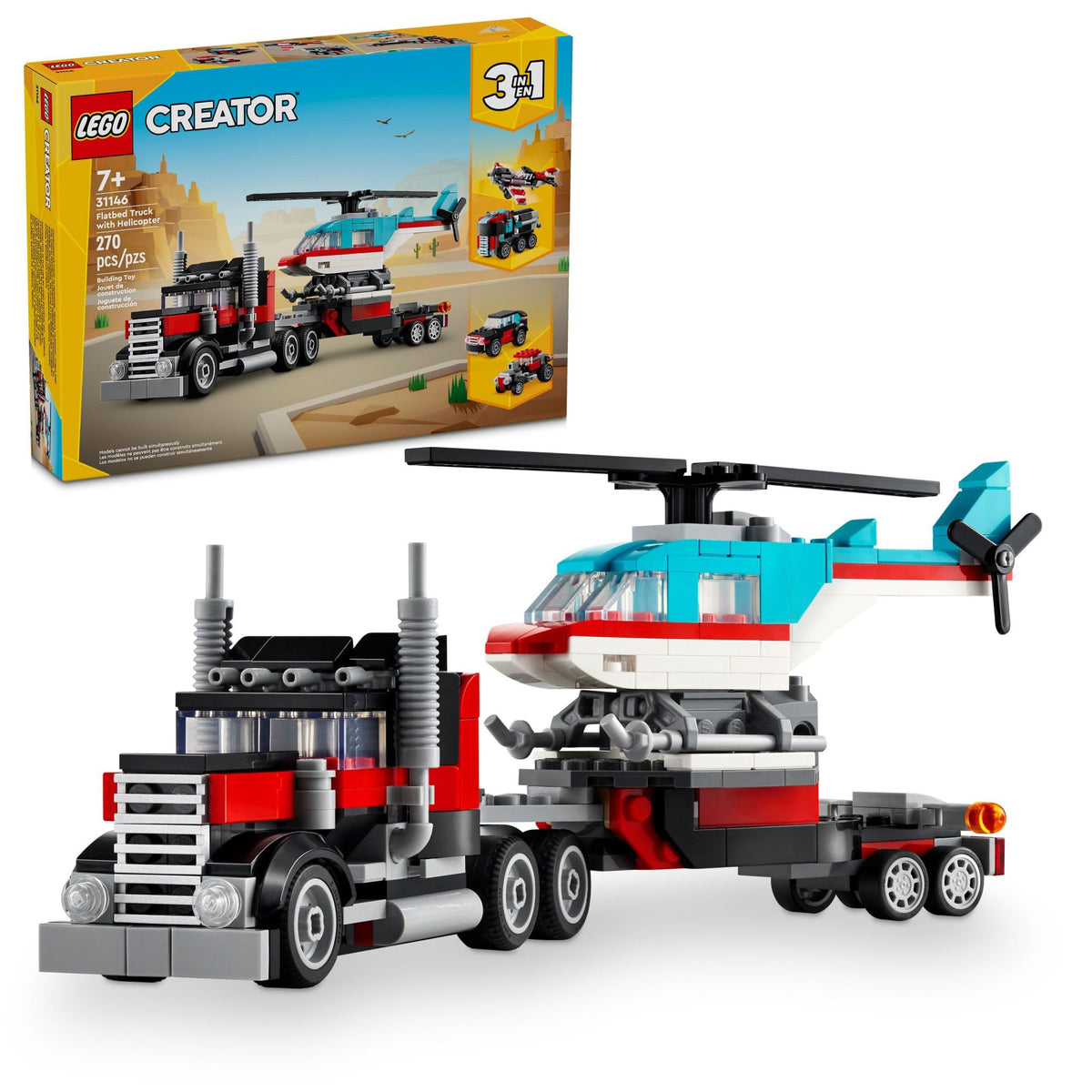 LEGO Creator 3 in 1 Flatbed Truck with Helicopter Toy, Transforms from Flatbed Truck Toy to Propeller Plane to Hot Rod and SUV Car Toys, Gift Idea for Boys and Girls Ages 7 Years Old and Up, 31146 🍁 All In One Marketplace Canada