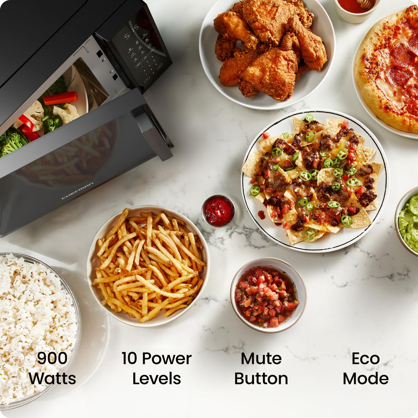 Chefman Countertop Microwave Oven 0.9 Cu. Ft., 900 Watts with 10 Power Levels, 6 Cooking Presets with One-Touch Express Cook, Eco Mode, Child Safety Lock, & Mute Button - Black 🍁 All In One Marketplace Canada
