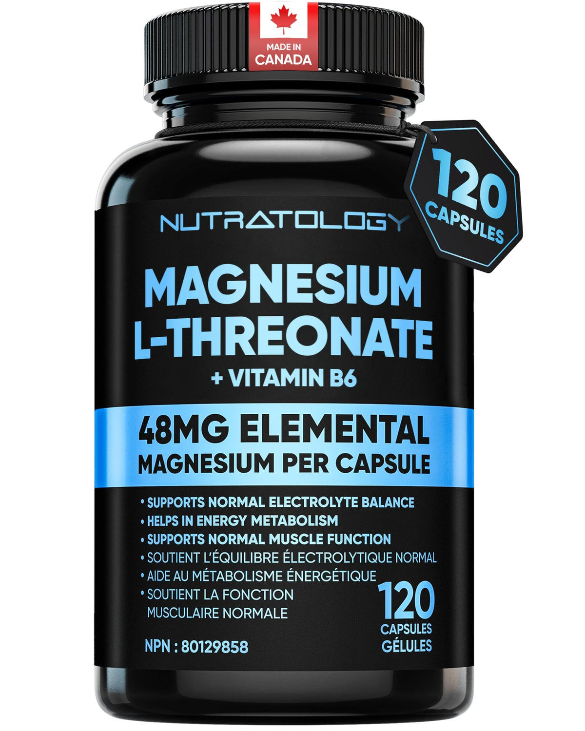 Nutratology® Magnesium L-Threonate + Vitamin B6 | Canadian-Made | Formulated To Help Support Heart & Muscle Function - Balances Electrolytes, Supports Energy Metabolism & Tissue Formation - 120 Count 🍁 All In One Marketplace Canada