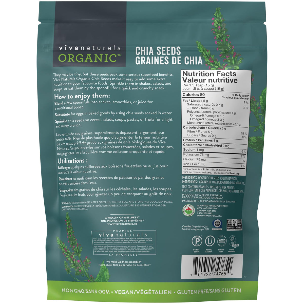 Viva Naturals Organic Chia Seeds, 2 lb – Plant-Based Omega-3s & 6s and Vegan Protein, Non-GMO, Black Chia Seeds Organic, Graine de Chia – Perfect for Smoothies, Salads, and Chia Seed Pudding 🍁 All In One Marketplace Canada
