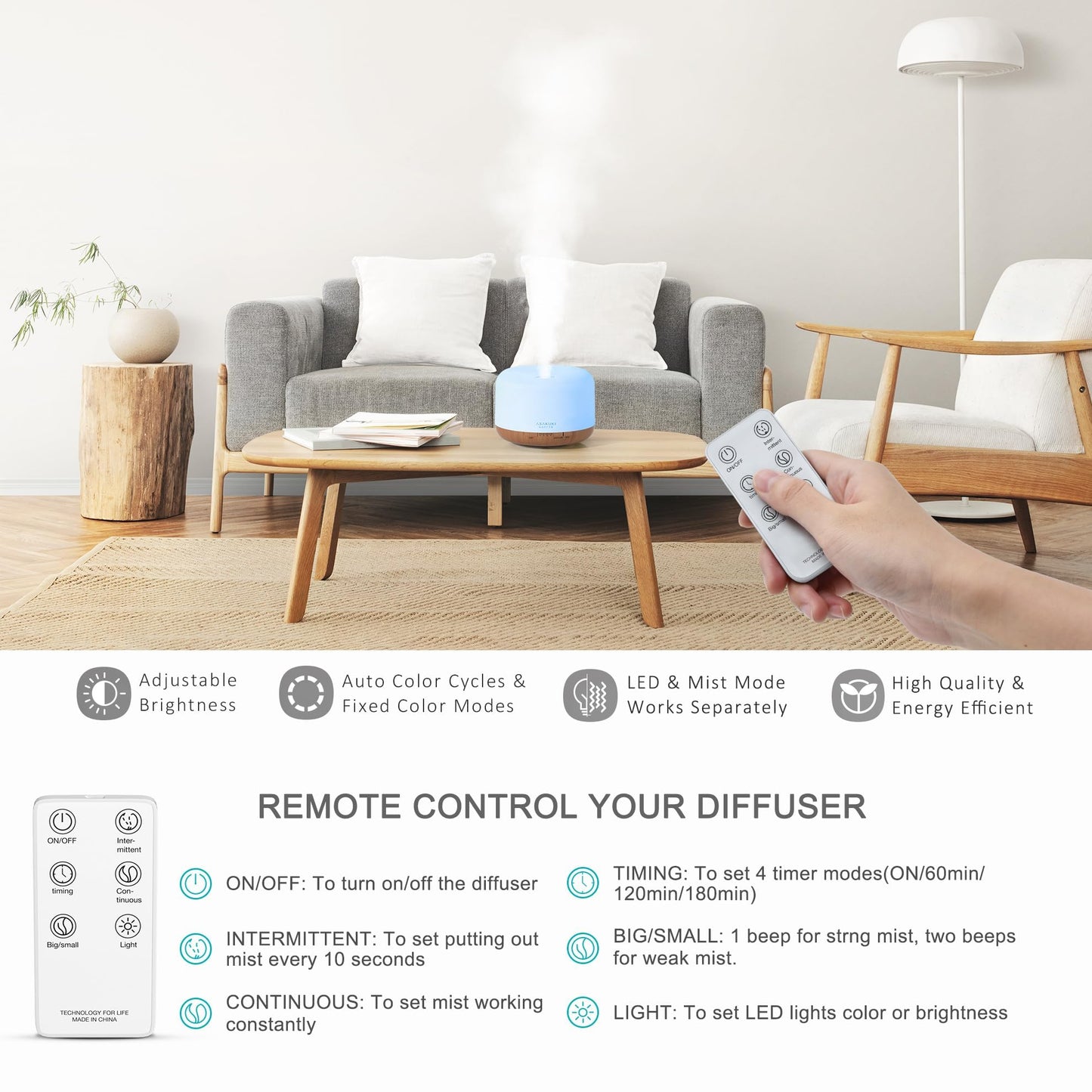 ASAKUKI 500ml Essential Oil Diffuser, 5 in 1 Premium Ultrasonic Aromatherapy Fragrant Oil Vaporizer Humidifier with Remote Control, 3 Timer and Auto-Off Safety Switch, 7 LED Light Colors 🍁 All In One Marketplace Canada