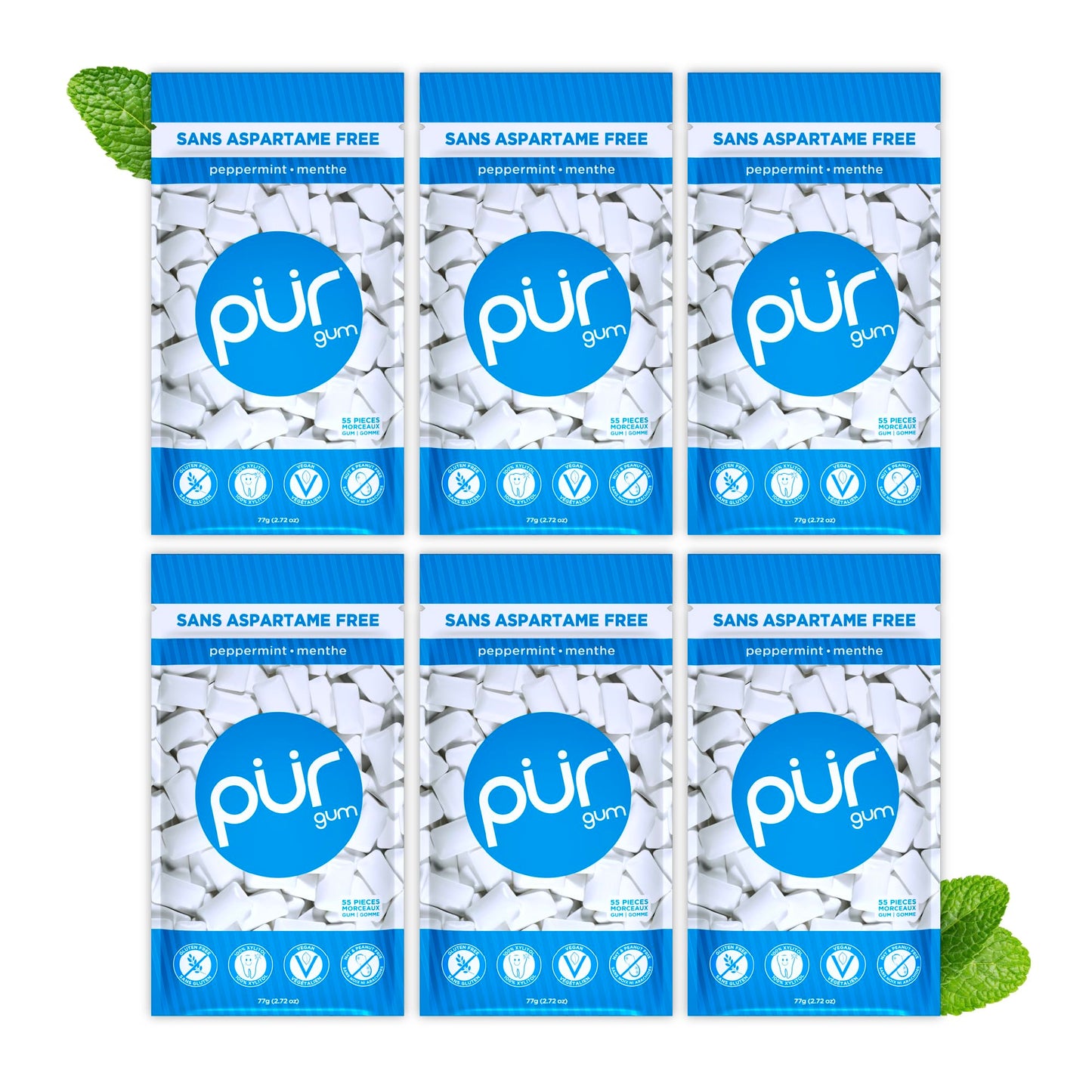 PUR Gum | Aspartame Free Chewing Gum | 100% Xylitol | Natural Peppermint Flavoured Gum, 55 Pieces (Pack of 6) 🍁 All In One Marketplace Canada