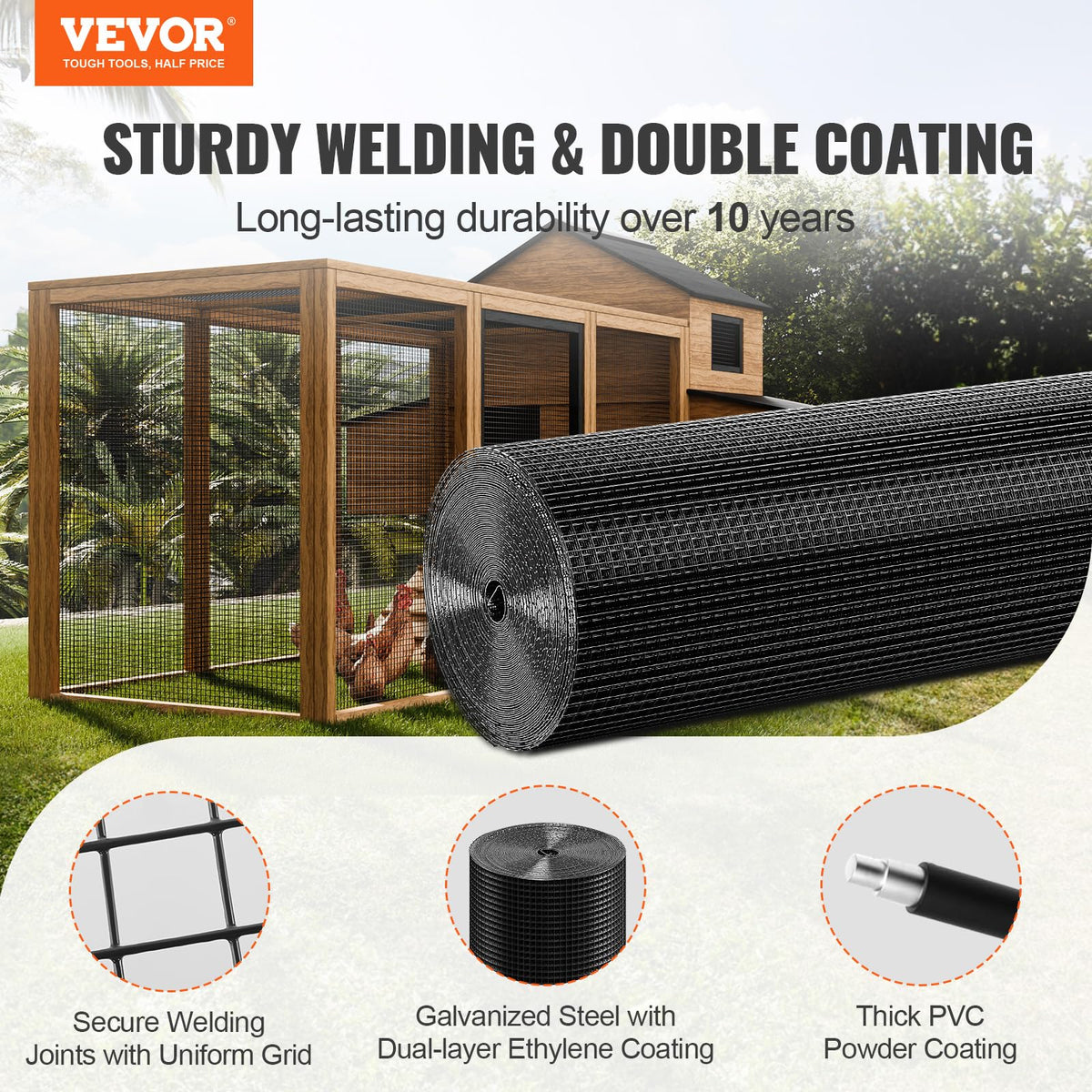 VEVOR Hardware Cloth, 48'' x 50' Galvanized Wire Mesh Roll, 19 Gauge Chicken Wire Fence Roll, Vinyl Coating Metal Wire Mesh for Chicken Coop Barrier, Rabbit Snake Fences, Poultry Enclosures 🍁 All In One Marketplace Canada