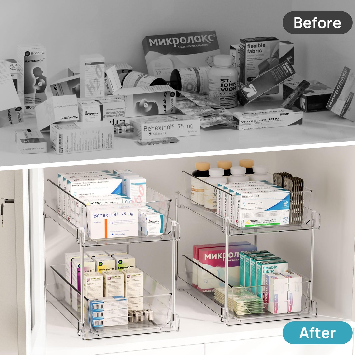 2 Tier Bathroom Storage Organizer, Vtopmart 4 Pack Clear Under Sink Organizers Vanity Counter Storage Container, Medicine Cabinet Drawers Bins, Pull-Out Organization with Track for Pantry, Kitchen 🍁 All In One Marketplace Canada