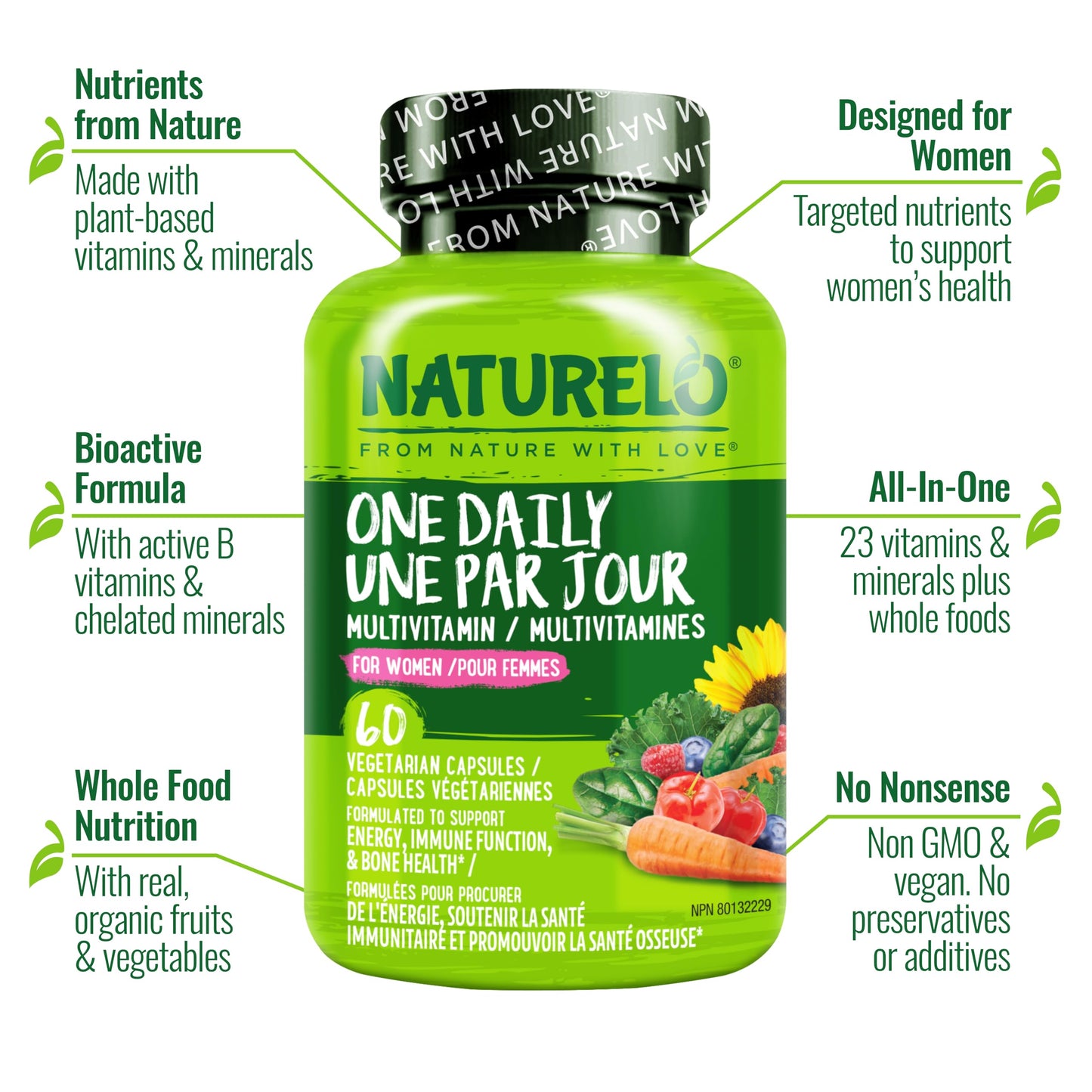 NATURELO One Daily Multivitamin for Women w/Vitamin B12, 60 Ct, Energy Support, Whole Food Daily Women Multivitamin Supplement, Nourish Hair/Skin/Nail, Non-GMO, No Soy, Gluten Free, 2 Month Supply 🍁 All In One Marketplace Canada