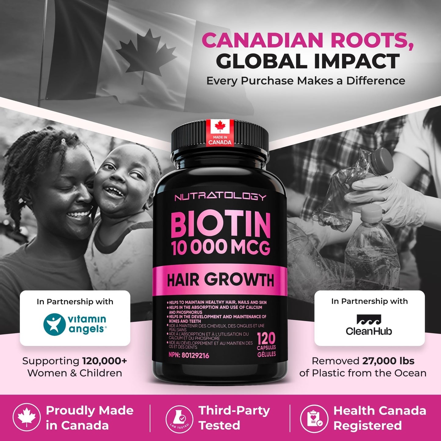 Biotin 10000MCG Hair Vitamins For Hair Growth Women | Canadian-Made | Promotes Healthy Skin & Nail Growth - Supports Muscle Function - Biotin Supplement - Hair Growth Products for Women - 120 capsules 🍁 All In One Marketplace Canada