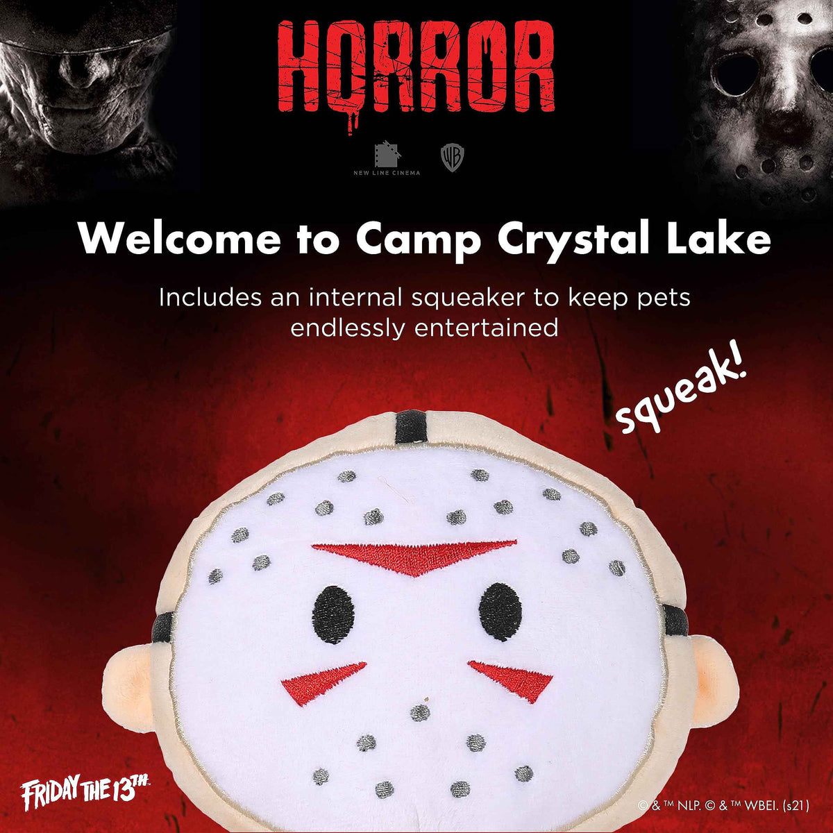 Warner BROS Horror Movies Friday The 13th Jason Voorhees Figure Plush Dog Toy | Medium Dog Toy from Friday The 13th Collection | Squeaky Dog Toy Halloween Dog Chew Toy, 6 Inch