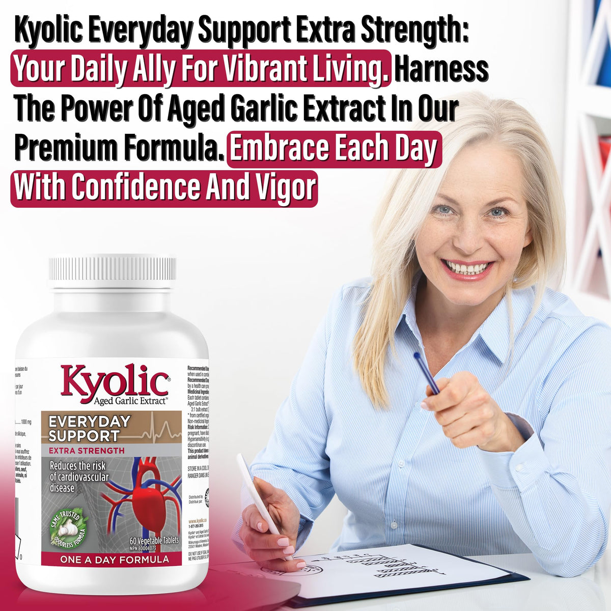 Kyolic - Odourless Aged Garlic Extract Everyday Support Extra Strength One-A-Day 1000mg, 60 Veg Tablets 60-Day Supply - Kyolic Garlic Supplements, Garlic Pills - Herbal Supplement for Wellness Support 🍁 All In One Marketplace Canada