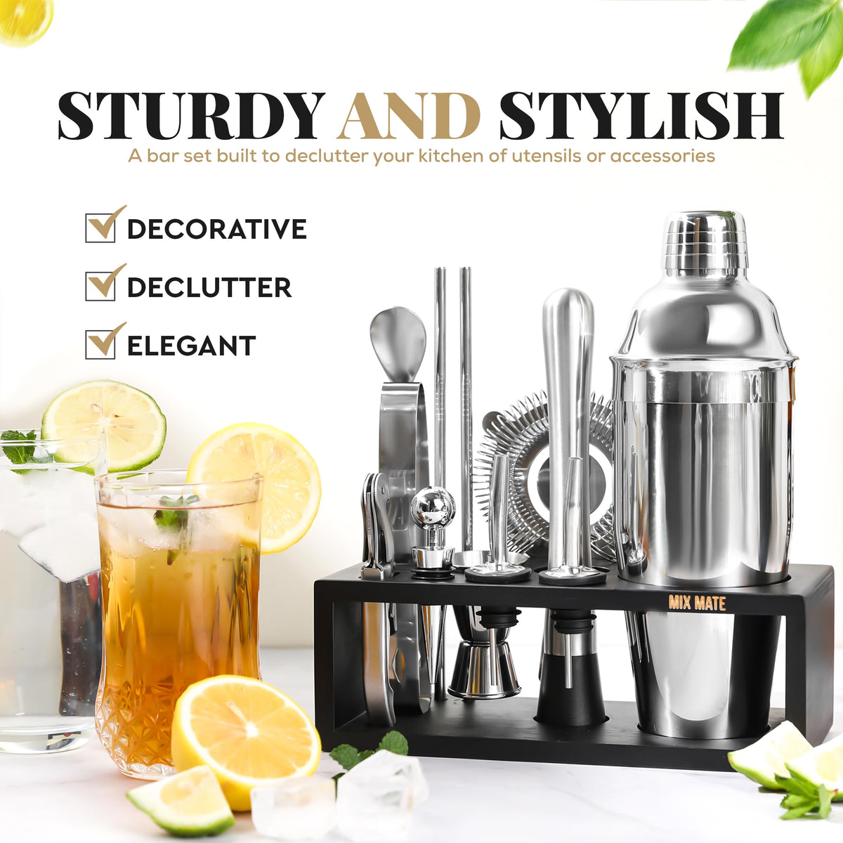 Mixology Bartender Kit with Stand | 15 Piece Bar Tool Set, Silver Bar Set Cocktail Shaker Set for Drink Mixing - Includes Martini Shaker, Jigger, Strainer, Bar Mixer Spoon, Tongs | Gift Idea (Silver) 🍁 All In One Marketplace Canada